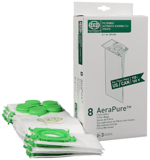 SEBO X Filter Bag Box - 8 three-layer AeraPure Bags with caps